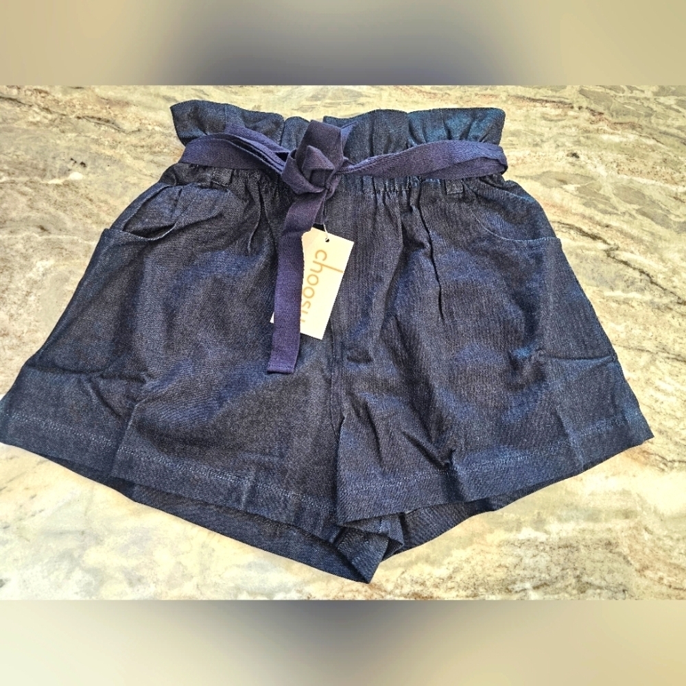 NWT Choosy Dark Wash Denim Paperbag Waist Shorts with Belt – XS